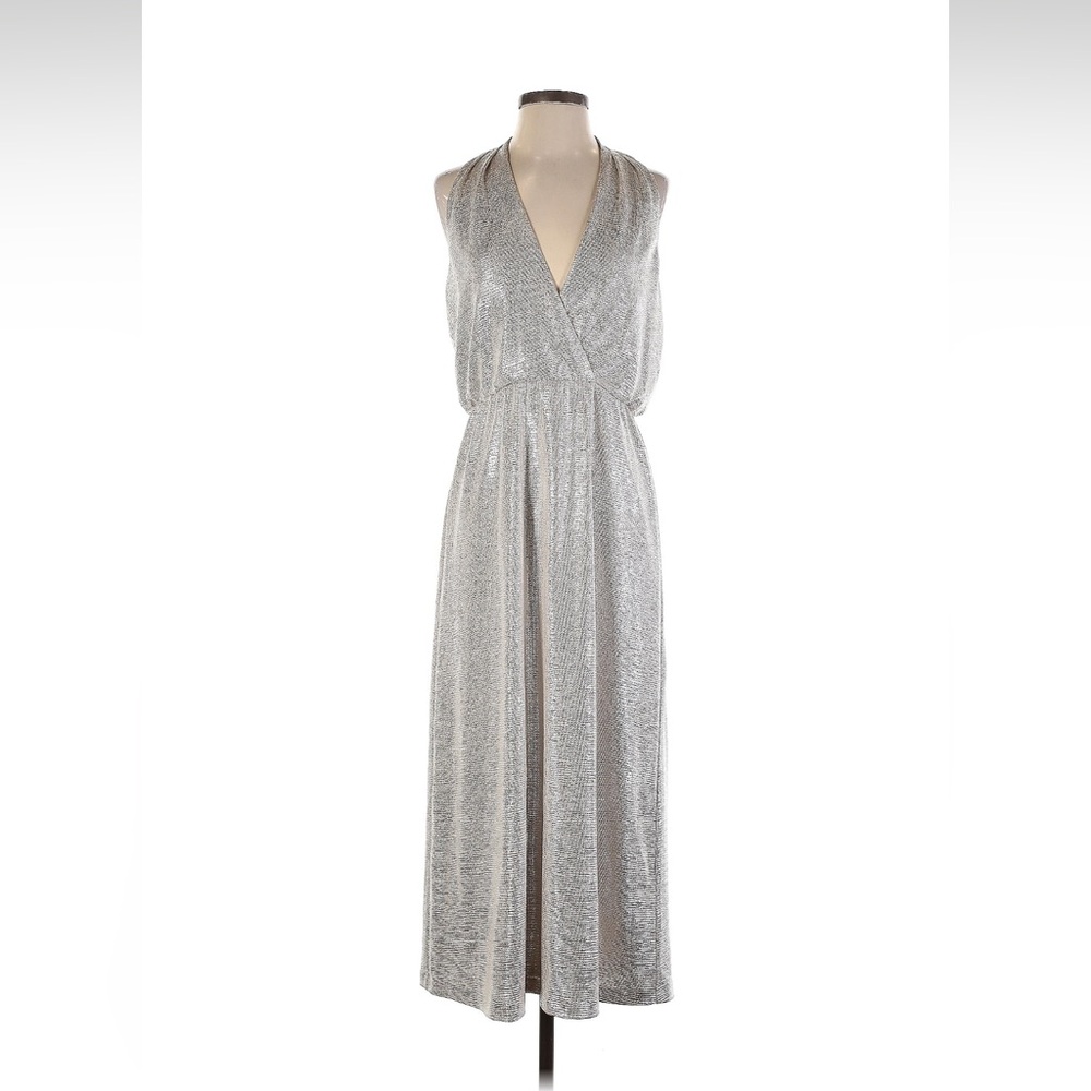 Lauren by Ralph Lauren shiny silver metallic  v neck midi dress